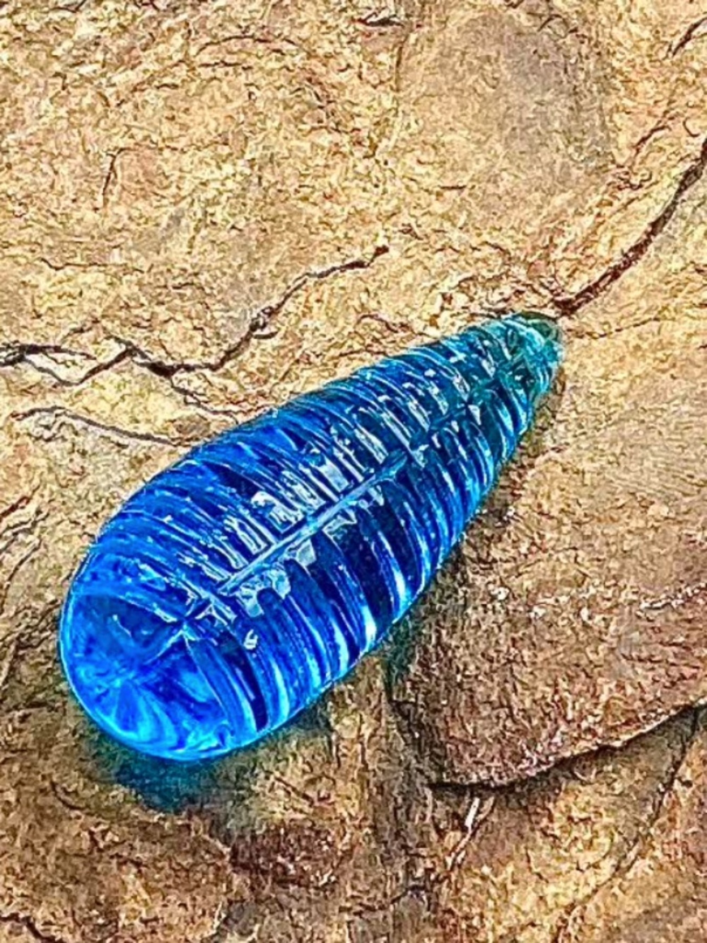 10.75 Carat Carved Blue Quartz Bead, NWT, 22mmx9mm, Driled